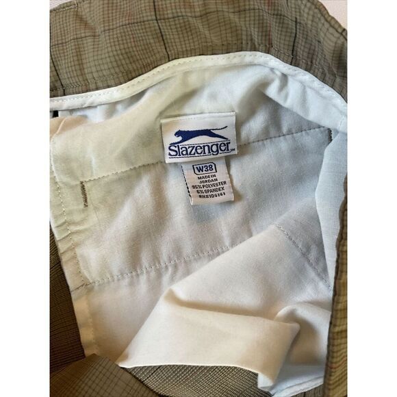 Slazenger Mens Golf Shorts 38 Plaid Tan Athletic‎ Poly Spandex Flat Front - Picture 14 of 14